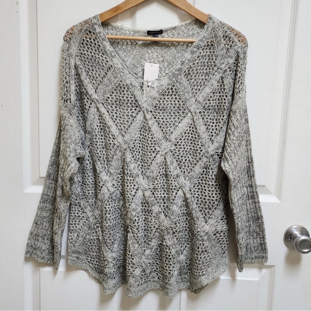 Hannah Sweater Womens XL Gray Acrylic Open Diamond Weave Knit Pullover